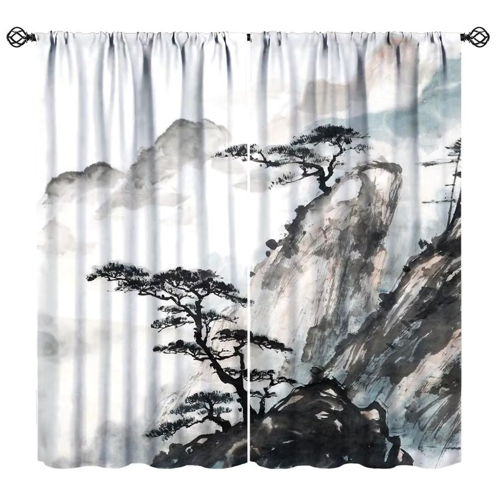 Asian Scenic Curtains, Traditional Ink Art Chinese Landscape Black Mountain Pine Tree Print Blackout Window Drapes for Living Room Bedroom Kitchen 42x63in