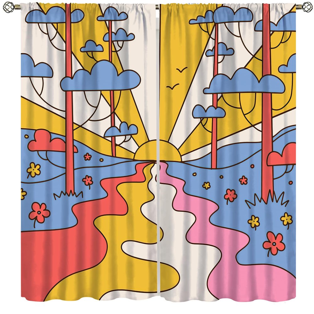 70s Vintage Blackout Curtains, Sun Rainbow Hippie Flower Botanical Funky Bohemian Chic Flower Abstract Aesthetic for Bedroom Living Room,72X63 Inch