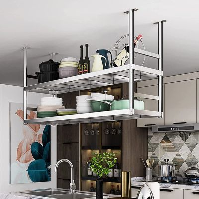 JIAHESHYP Hanging Floating Stainless Steel Shelf, 2-Layer European Ceiling Hanger, Ceiling Mounted Storage Rack, Restaurant Bar Display Stand, 6 Sizes (Size : 100 * 35 * 80vm)
