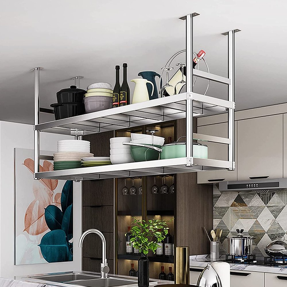 JIAHESHYP Hanging Floating Stainless Steel Shelf, 2-Layer European Ceiling Hanger, Ceiling Mounted Storage Rack, Restaurant Bar Display Stand, 6 Sizes (Size : 100 * 35 * 80vm)