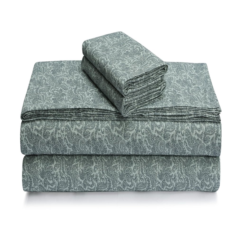 Tribeca Living Portuguese Cotton Flannel Sheets King Size - 170-GSM Deep Pocket Bed Sheet Set for Mattresses up to 21 Inches - 4 Piece Ultra-Soft Printed Bedding in Bella Grey