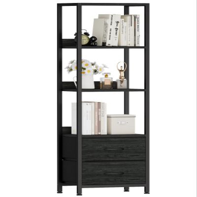 Furnulem 4-Tier Corner Shelf, Bookshelf with 2 Storage Drawers, 57.28Tall Narrow Bookcase, Standing Shelf Organizer Unit for Living Room, Bedroom, Metal Frame, Wood Display Shelf