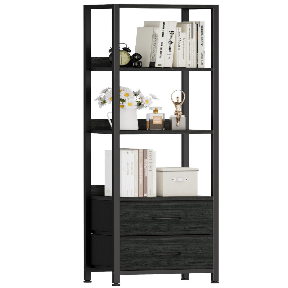 Furnulem 4-Tier Corner Shelf, Bookshelf with 2 Storage Drawers, 57.28Tall Narrow Bookcase, Standing Shelf Organizer Unit for Living Room, Bedroom, Metal Frame, Wood Display Shelf