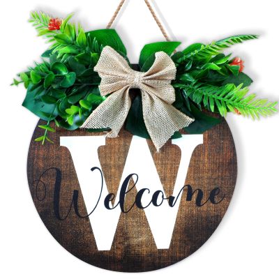 Custom Name Sign for Home Decor, Personalized Signs for Front Door Porch Decor, Customizable Farmhouse Wreath Wall Decor, Round Rustic Plaque With Greenery & Bows, Housewarming Gift