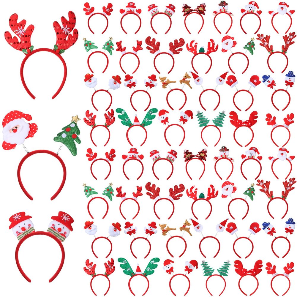 Riceshoot 50 Pcs Christmas Headbands Santa Reindeer Antlers Headbands Christmas Accessories Xmas Costume Headwear Holiday Headband for Christmas Party Favor, 25 Styles