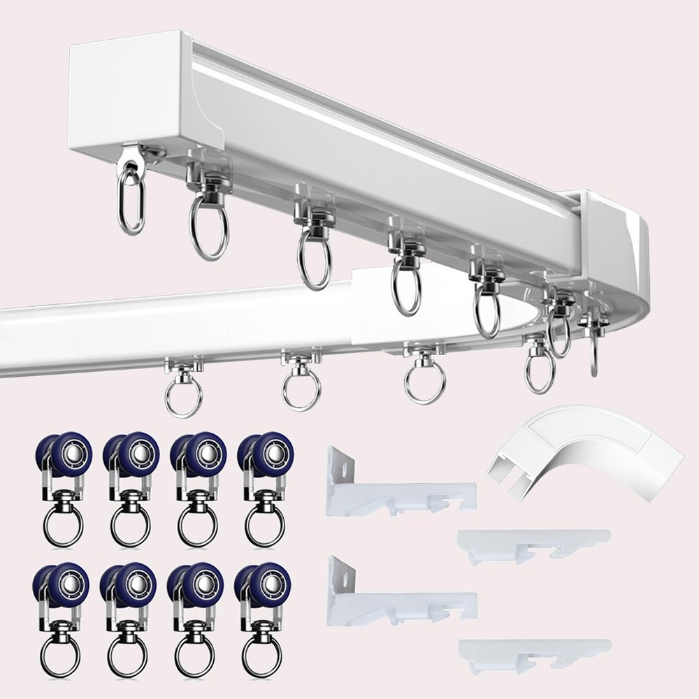 LIYI929GP Ceiling Curtain Track Bay Window Ceiling Curtain Rail with Heavy Duty Roller, Corner Connectors, Hanging Shades, Sheers, Panel Drapes, Single/Double Pole Rail Straight/Curved Room Divider