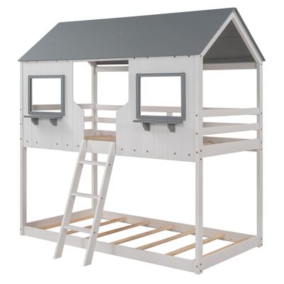 SECOLI Sturdy Wood Twin Size Bed Frame Twin Over Twin Bunk Bed Wood Bed with Roof, Window, Guardrail, Ladder (White)