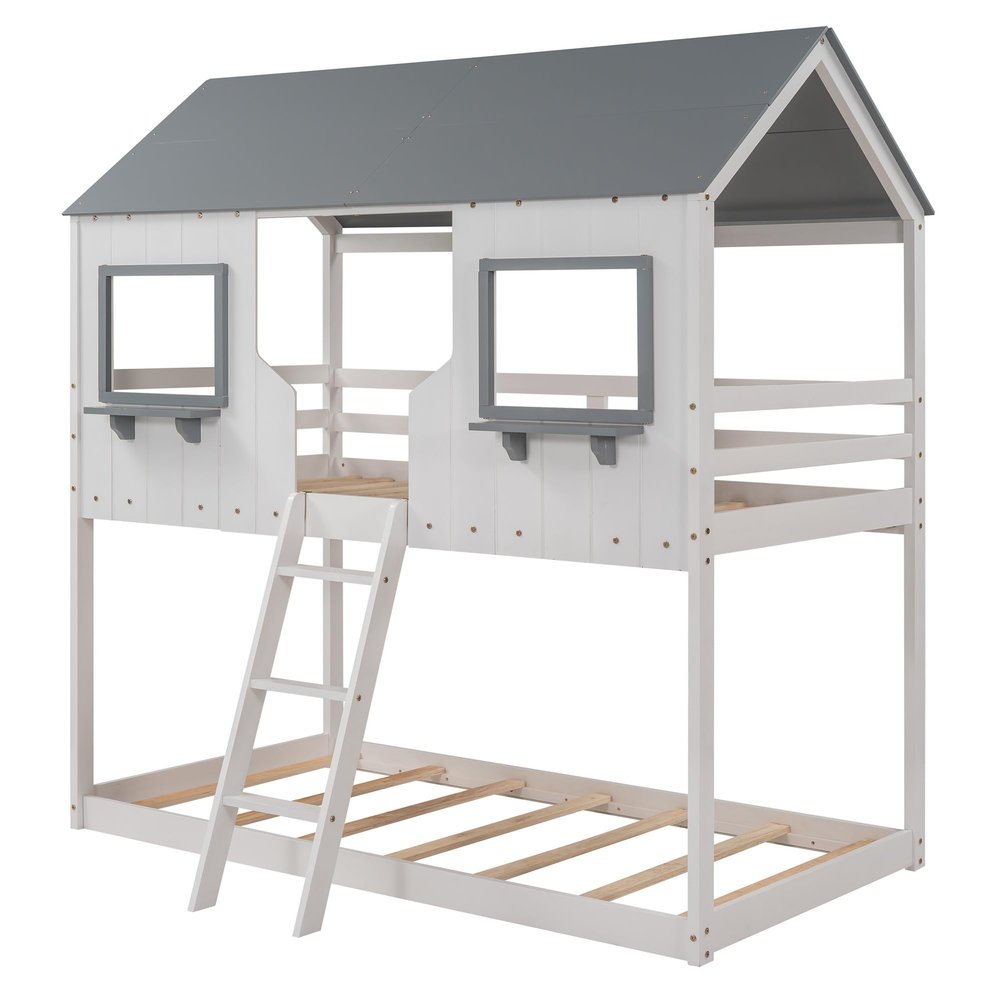 SECOLI Sturdy Wood Twin Size Bed Frame Twin Over Twin Bunk Bed Wood Bed with Roof, Window, Guardrail, Ladder (White)