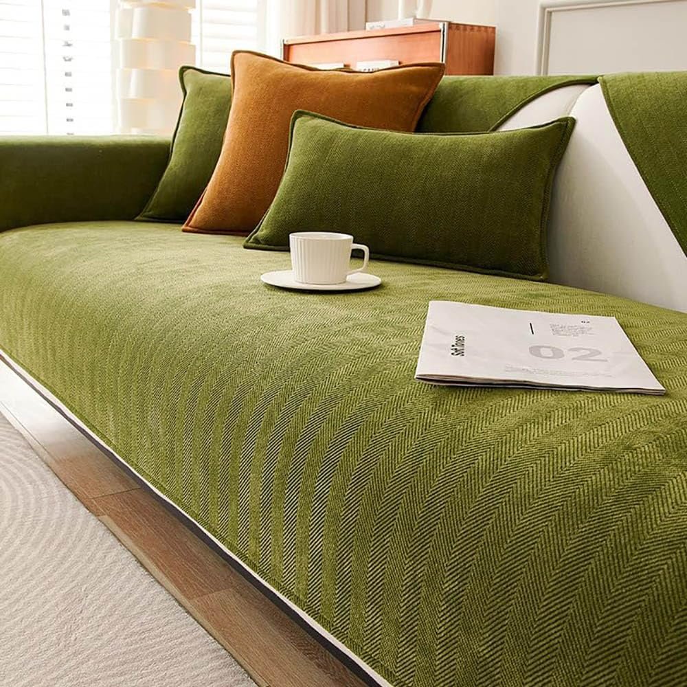 Couch Cover, Herringbone Chenille Fabric Furniture Protector Sofa Cover (Green, 90 * 90 cm/35.4 * 35.4 in)