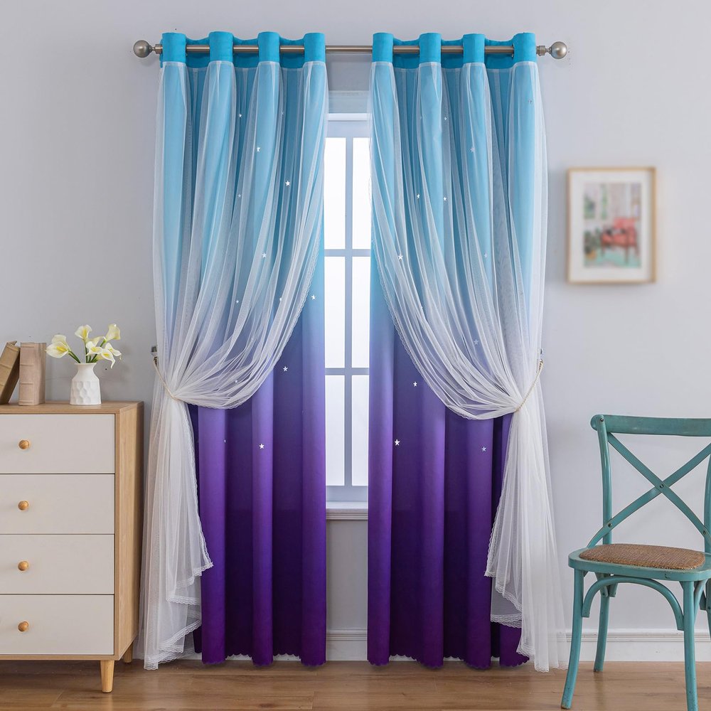 Anytime Dream Star Blackout Curtains for Kids Rooms Girl Princess Curtain for Daughter Bedroom Window (Blue Purple,1 Panel,W52 x L95inch)
