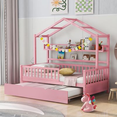 Quarte Cute Twin Size House Bed with Trundle and Two Shelf,Wooden Daybed Tent Bed for Kids Boys Girls Bedroom, No Box Spring Needed