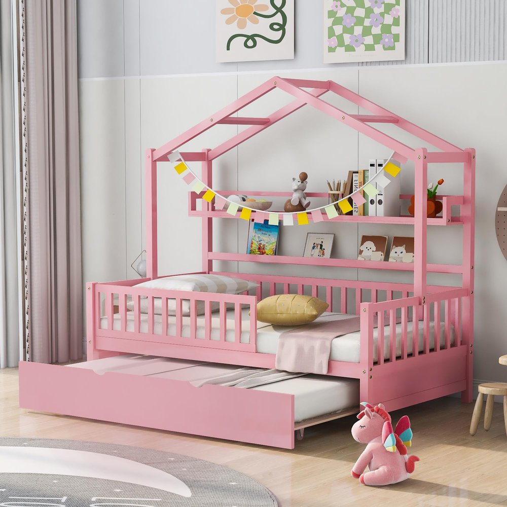 Quarte Cute Twin Size House Bed with Trundle and Two Shelf,Wooden Daybed Tent Bed for Kids Boys Girls Bedroom, No Box Spring Needed