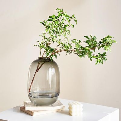 XIUWOUG Gray Colored Glass Oval Vase for Centerpieces, Home Indoor Decor, Grey1