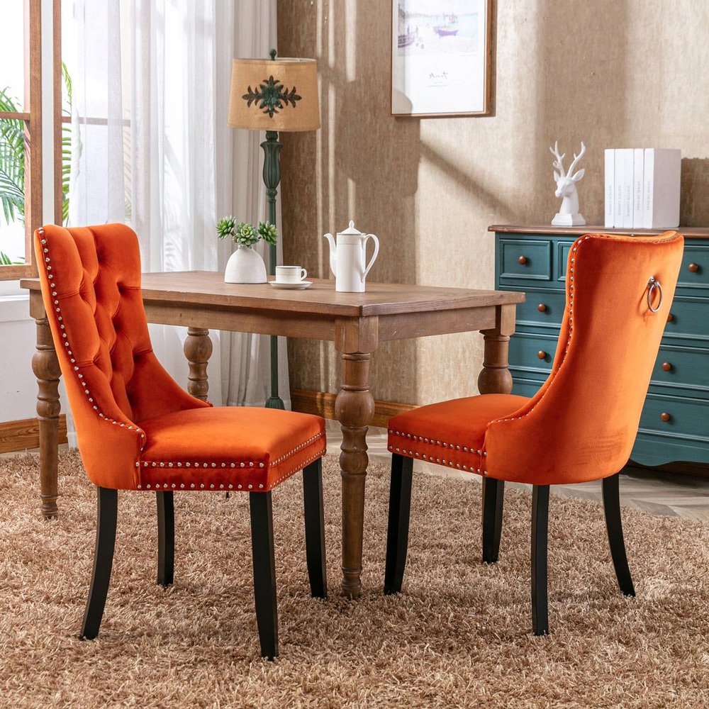 Bennbari Tufted Dining Chairs Set of 2, Velvet Diner Chair with Nailhead Trim, Dining Room Chairs with Ring Pull Trim, Upholstered Fabric Kitchen Chairs with Solid Wood Legs (Orange)