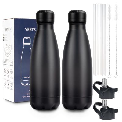 Insulated Water Bottle, 2 Pack-12oz Stainless Steel Water Bottles with straw lid, Metal Sports Water Bottles for Boys,Girls, Double Wall Vacuum BPA-Free Flask for School,Sports & Travel-Black