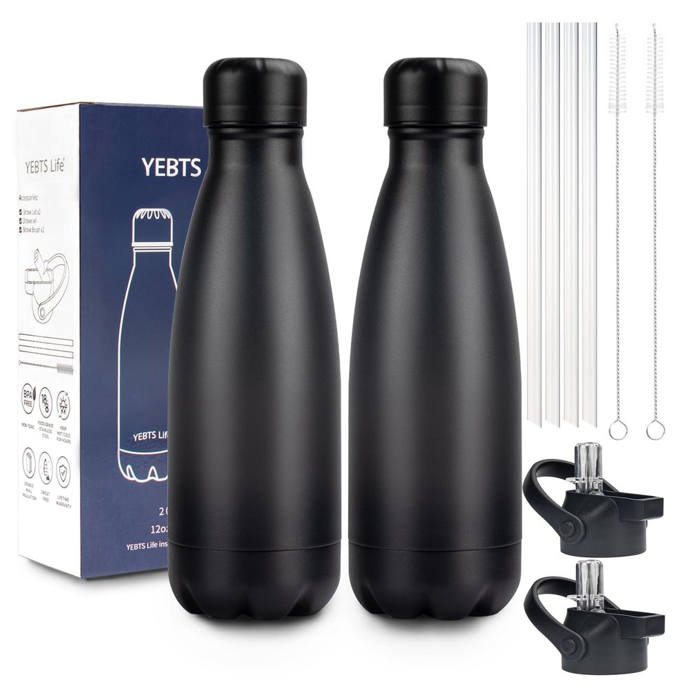 Insulated Water Bottle, 2 Pack-12oz Stainless Steel Water Bottles with straw lid, Metal Sports Water Bottles for Boys,Girls, Double Wall Vacuum BPA-Free Flask for School,Sports & Travel-Black