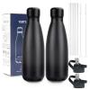 Insulated Water Bottle, 2 Pack-12oz Stainless Steel Water Bottles with straw lid, Metal Sports Water Bottles for Boys,Girls, Double Wall Vacuum BPA-Free Flask for School,Sports & Travel-Black view 1
