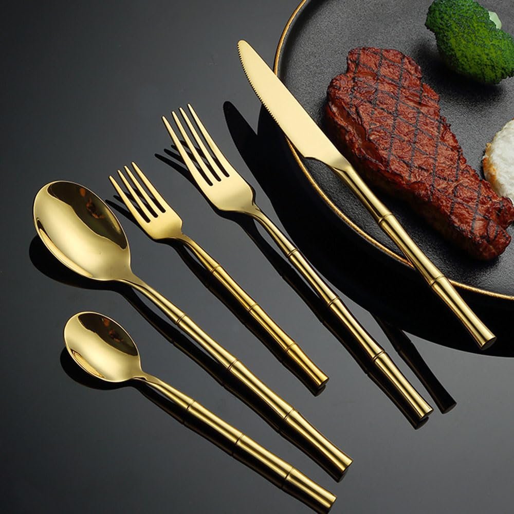 30 Piece Gold Silverware Set Utensil Sets,Flatware Set for 6 Bamboo Handle Stainless Steel Cutlery Set Utensils Tableware Set for Home Restaurant Mirror Effect Exquisite Dishwasher Safe