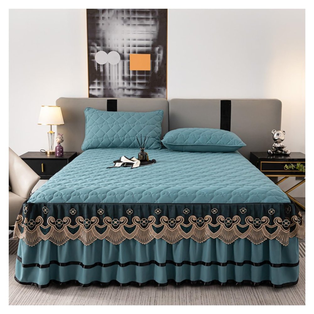Luxury Velvet 3-Piece Ruffle Bed Skirt & Quilted Bedspread Set - King Size, 18" Deep, 3-Side Dust Ruffle, Includes Fitted Sheet & 2 Pillow Shams (Color: #24, Size: 150x200cm)
