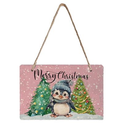EwdeWwo Merry Christmas Welcome Wall Hanging Sign- Xmas Tree Penguin Pink Christmas Winter Slate Hanging Plaques for Front Door Porch Window Farmhouse Garden 5.1" x 7.9" Wall Home Decor