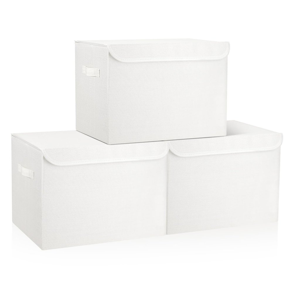 Bagnizer Large 17" 42 Quarts Collapsible Stackable Storage Bins with Lids [3-Pack] Foldable Fabric Linen Storage Boxes Cube, Closet Organizer Baskets with Label (16.7 x 12 x 12, White)