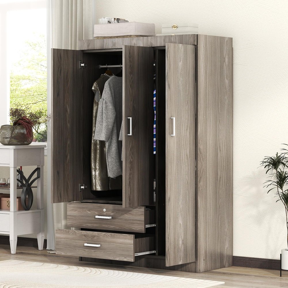 LZ LEISURE ZONE 3 Doors Wardrobe Armoire Closet, Large Freestanding Armoire Wardrobe Cabinet with 2 Drawers, Bedroom Clothes Storage Cabinet Organizer, Wood Grain Effect in Gray