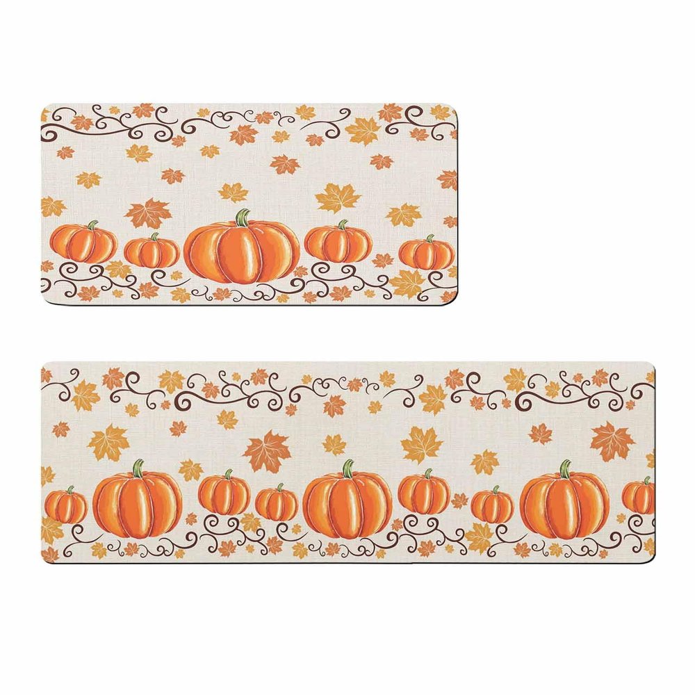 Autumn Pumpkin Bath Mat for Tub,Non Slip Bathroom Floor Runner Rug Quick Dry & Absorbent Diatomaceous Earth Shower Sink Kitchen Washable Doormat,Thanksgiving Fall Maple Leaves Burlap 18x30+18x48
