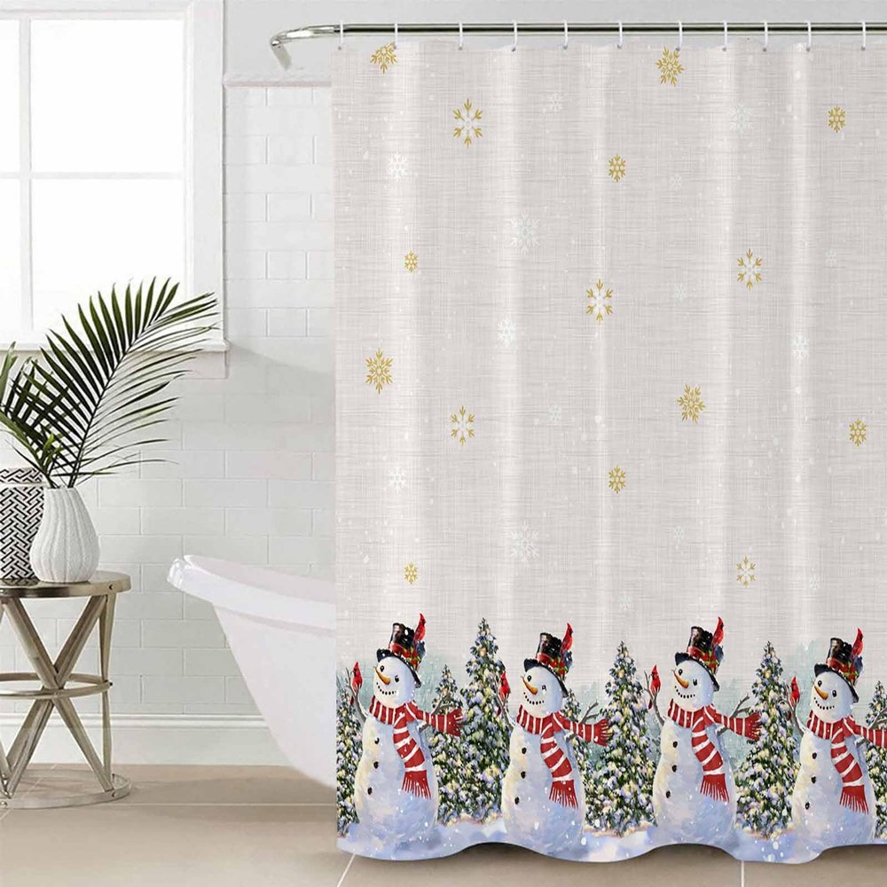 Double Love Snowman Bathroom Curtain 78 Inch Shower Curtain with Hooks, Waterproof Polyester Bath Curtain Washable Bathtub Curtain Christmas Golden Snowflake Grey 36''x 78''