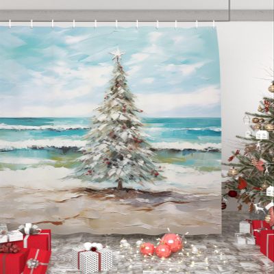 Double Love Christmas Bathroom Curtain 78 Inch Shower Curtain with Hooks, Waterproof Polyester Bath Curtain Washable Bathtub Curtain Abstract Xmas Tree Beach Watercolor 72''x 78''