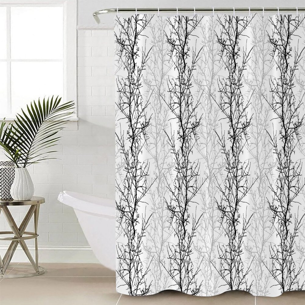Double Love Tree Forest Bathroom Curtain 96 Inch Shower Curtain with Hooks, Waterproof Polyester Bath Curtain Washable Bathtub Curtain Abstract Winter Branch Nature Black Grey 72''x 96''