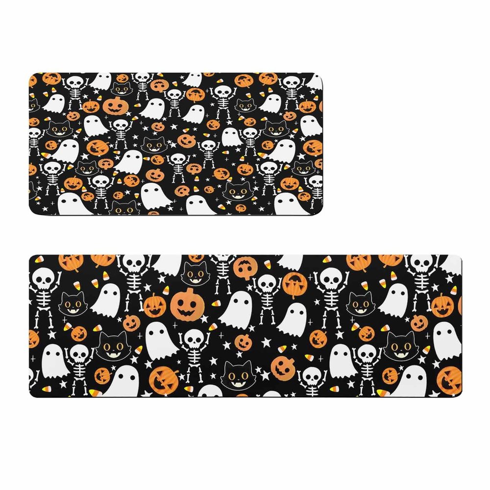 Black Halloween Bath Mat for Tub,Non Slip Bathroom Floor Runner Rug Quick Dry & Absorbent Diatomaceous Earth Shower Sink Kitchen Washable Doormat,Spooky Pumpkin Ghost Skull Cat Horror 20x32+20x47