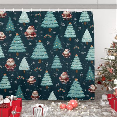 Double Love Christmas Bathroom Curtain 72 Inch Shower Curtain with Hooks, Waterproof Polyester Bath Curtain Washable Bathtub Curtain Santa Winter Snowflake Xmas Pine Tree 48''x 72''