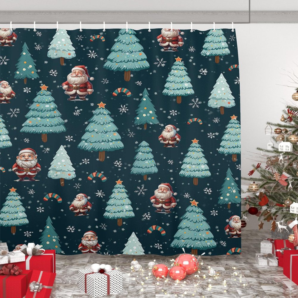Double Love Christmas Bathroom Curtain 72 Inch Shower Curtain with Hooks, Waterproof Polyester Bath Curtain Washable Bathtub Curtain Santa Winter Snowflake Xmas Pine Tree 48''x 72''