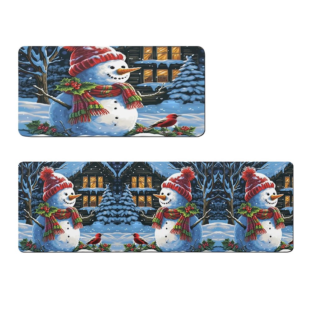 Christmas Bath Mat for Tub,Non Slip Bathroom Floor Runner Rug Quick Dry & Absorbent Diatomaceous Earth Shower Sink Bedroom Kitchen Washable Doormat,Winter Snowman Farm House Bird Berry 18x30+18x60