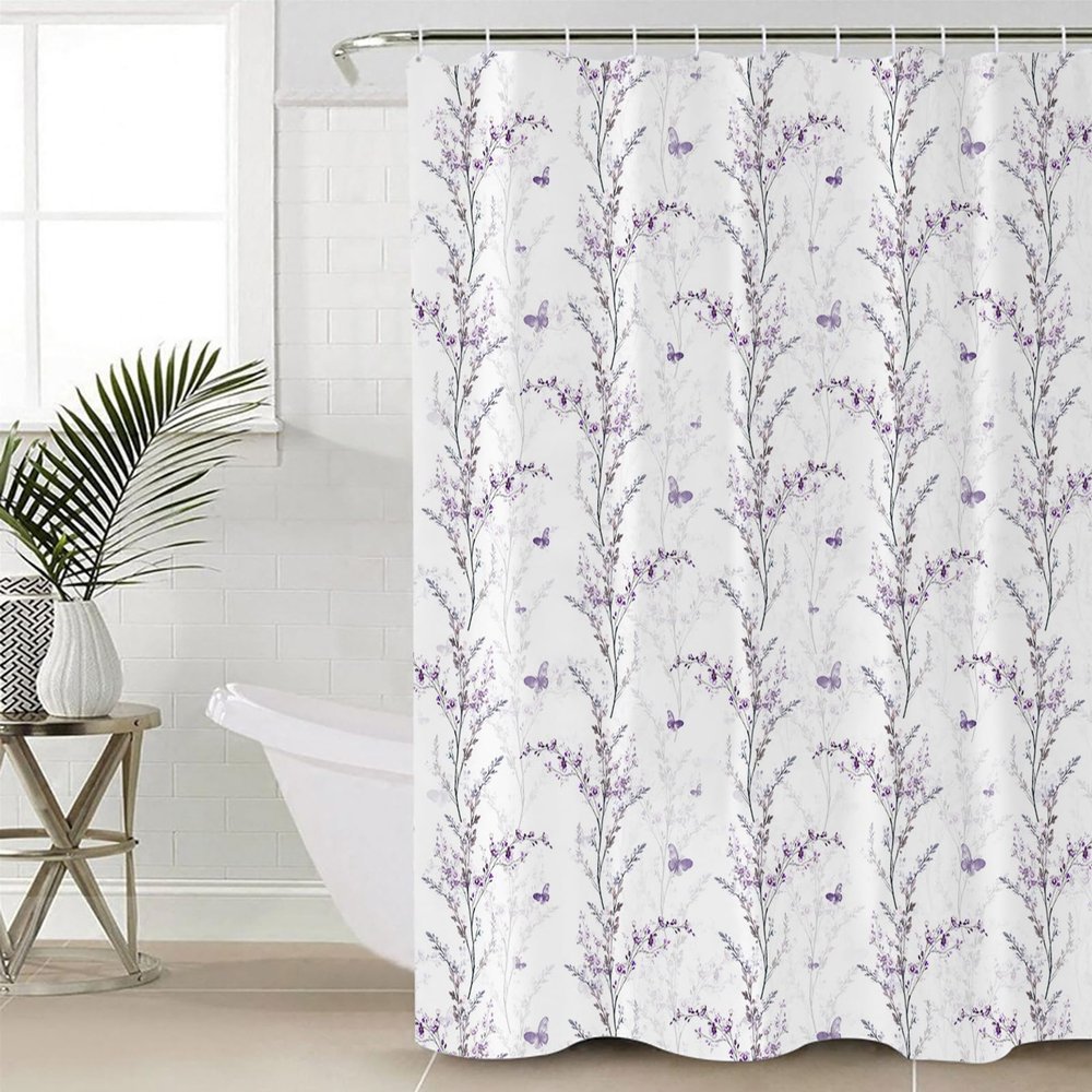 Double Love Butter-Fly Flower Bathroom Curtain 78 Inch Shower Curtain with Hooks, Waterproof Polyester Bath Curtain Washable Bathtub Curtain Country Purple Fall Leaves Florals 54''x 78''