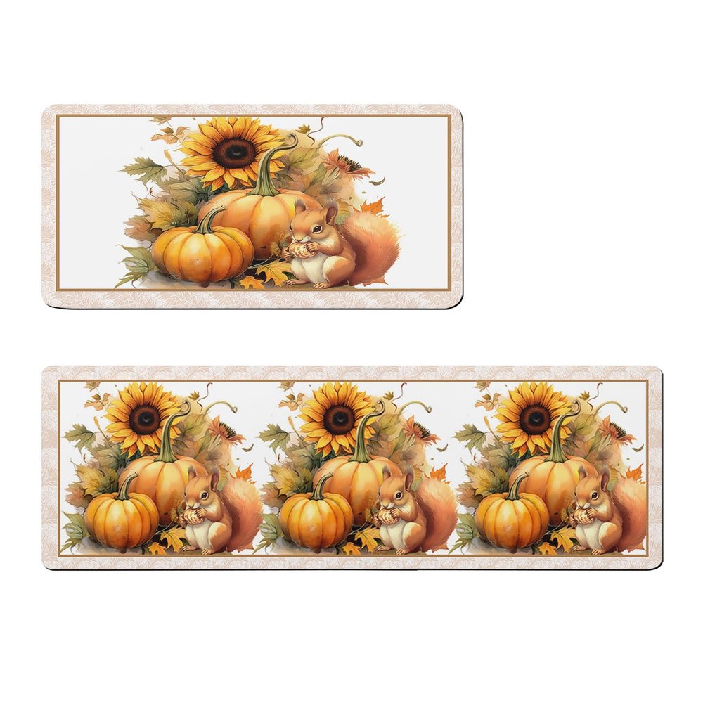 Fall Pumpkins Squirrel Bath Mat for Tub,Non Slip Bathroom Floor Runner Rug Quick Dry & Absorbent Diatomaceous Earth Shower Sink Kitchen Doormat,Thanksgiving Autumn Sunflower Leaves 20x32+20x47