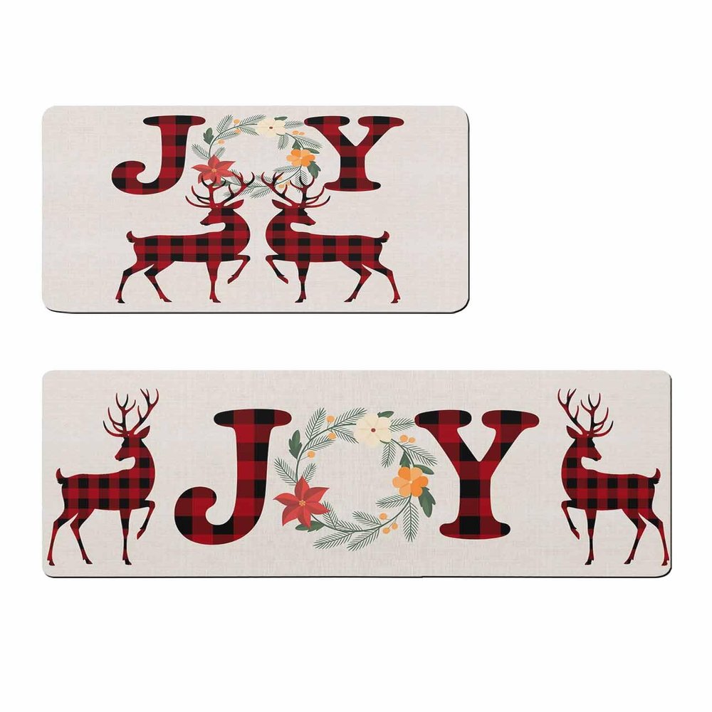 Joy Christmas Elk Bath Mat for Tub,Non Slip Bathroom Floor Runner Rug Quick Dry & Absorbent Diatomaceous Earth Shower Sink Kitchen Doormat,Rustic Pine Branch Poinsettia Wreath Plaid 18x30+18x48