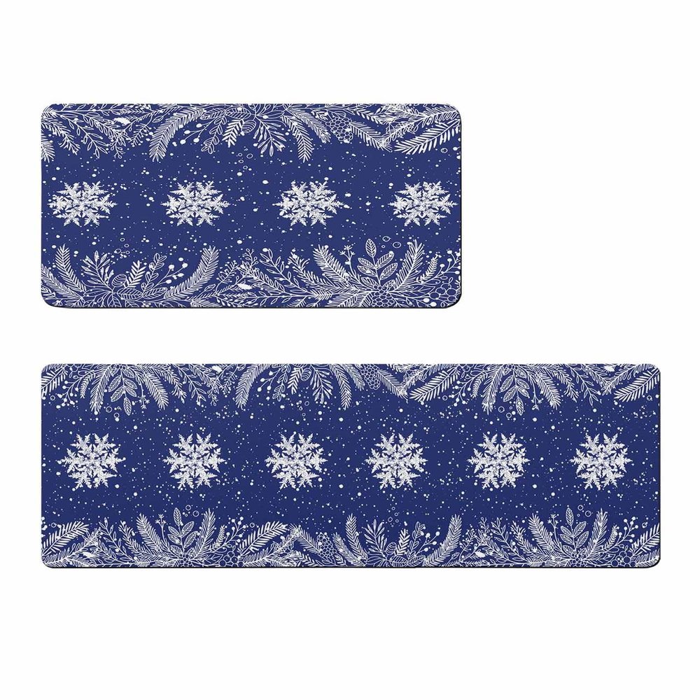 Navy Blue Snowflakes Bath Mat for Tub,Non Slip Bathroom Floor Runner Rug Quick Dry & Absorbent Diatomaceous Earth Shower Sink Kitchen Washable Doormat,Christmas Winter Snow Pine Leaves 24x36+24x71