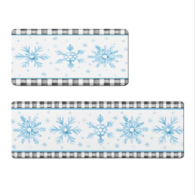 Blue Snowflake Bath Mat for Tub,Non Slip Bathroom Floor Runner Rug Quick Dry & Absorbent Diatomaceous Earth Shower Sink Bedroom Kitchen Washable Doormat,Christmas Country Farmhouse Plaid 20x24+20x48