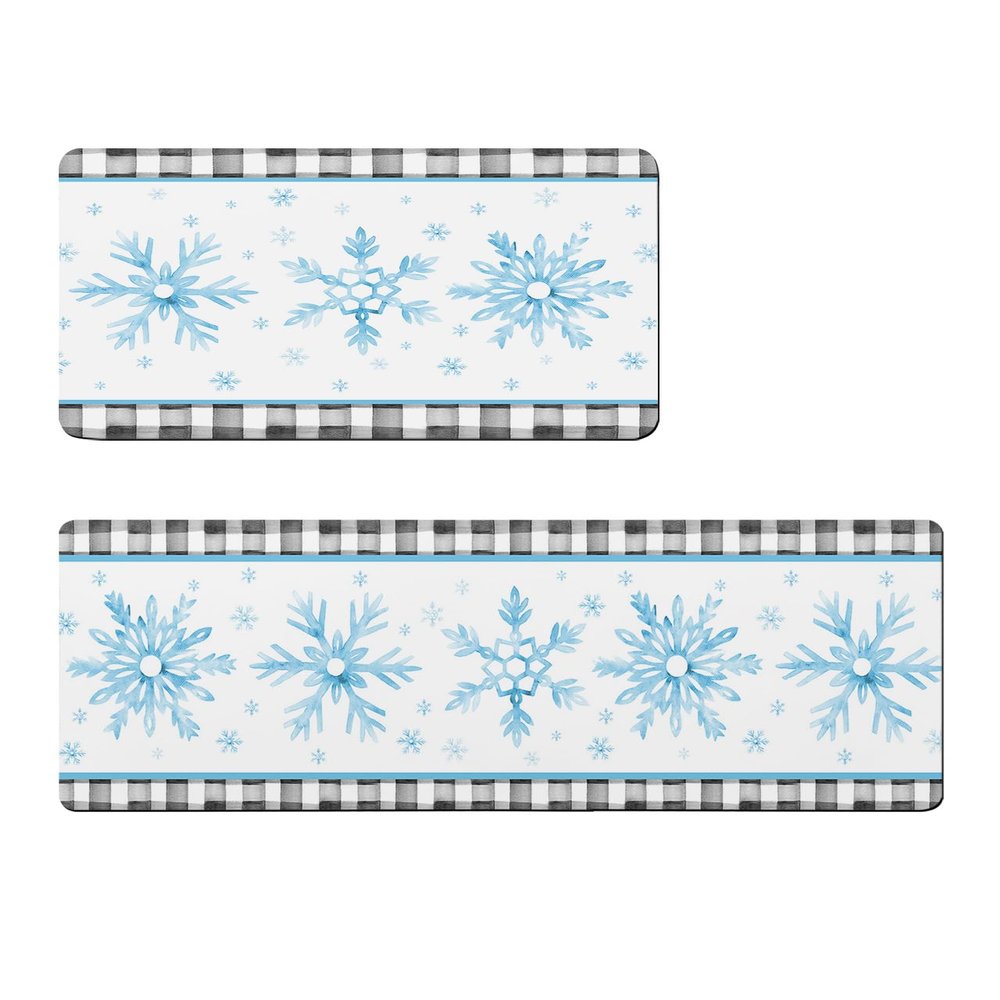 Blue Snowflake Bath Mat for Tub,Non Slip Bathroom Floor Runner Rug Quick Dry & Absorbent Diatomaceous Earth Shower Sink Bedroom Kitchen Washable Doormat,Christmas Country Farmhouse Plaid 20x24+20x48
