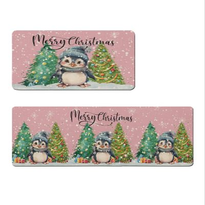 Christmas Penguin Bath Mat for Tub,Non Slip Bathroom Floor Runner Rug Quick Dry & Absorbent Diatomaceous Earth Shower Sink Bedroom Kitchen Washable Doormat,Watercolor Blush Pink Pine Tree 20x32+20x63