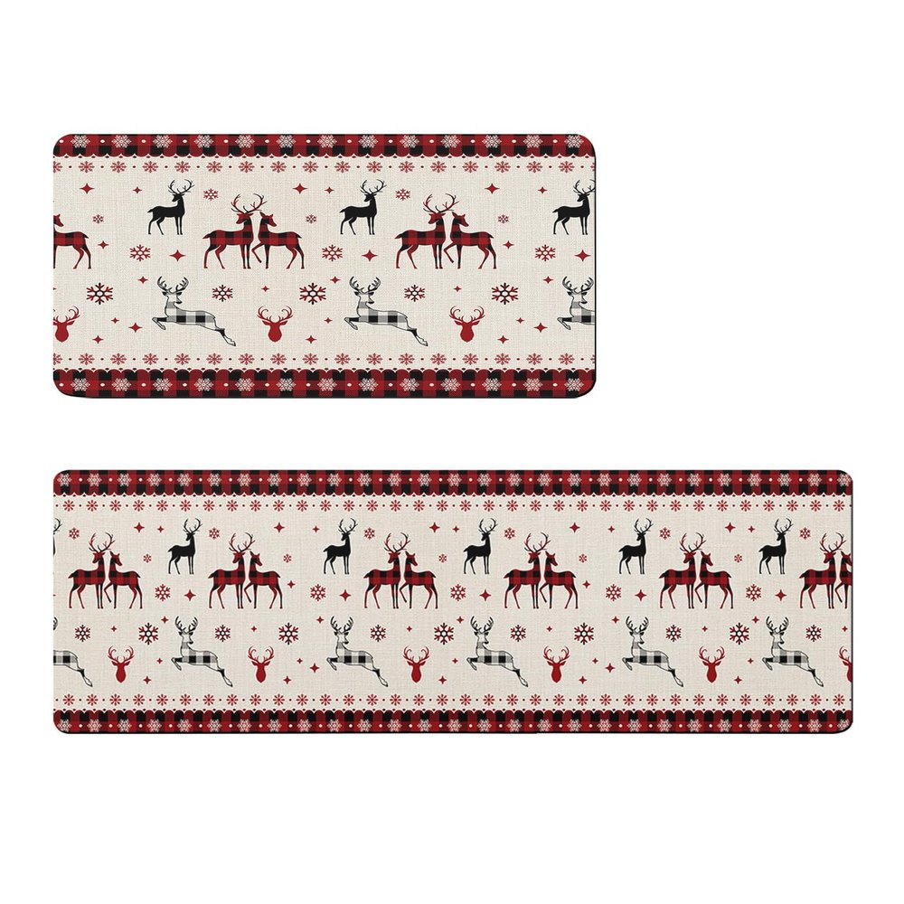 Christmas Bath Mat for Tub,Non Slip Bathroom Floor Runner Rug Quick Dry & Absorbent Diatomaceous Earth Shower Sink Kitchen Washable Doormat,Farmhouse Reindeer Snowflake Rustic Checkered 18x30+18x48