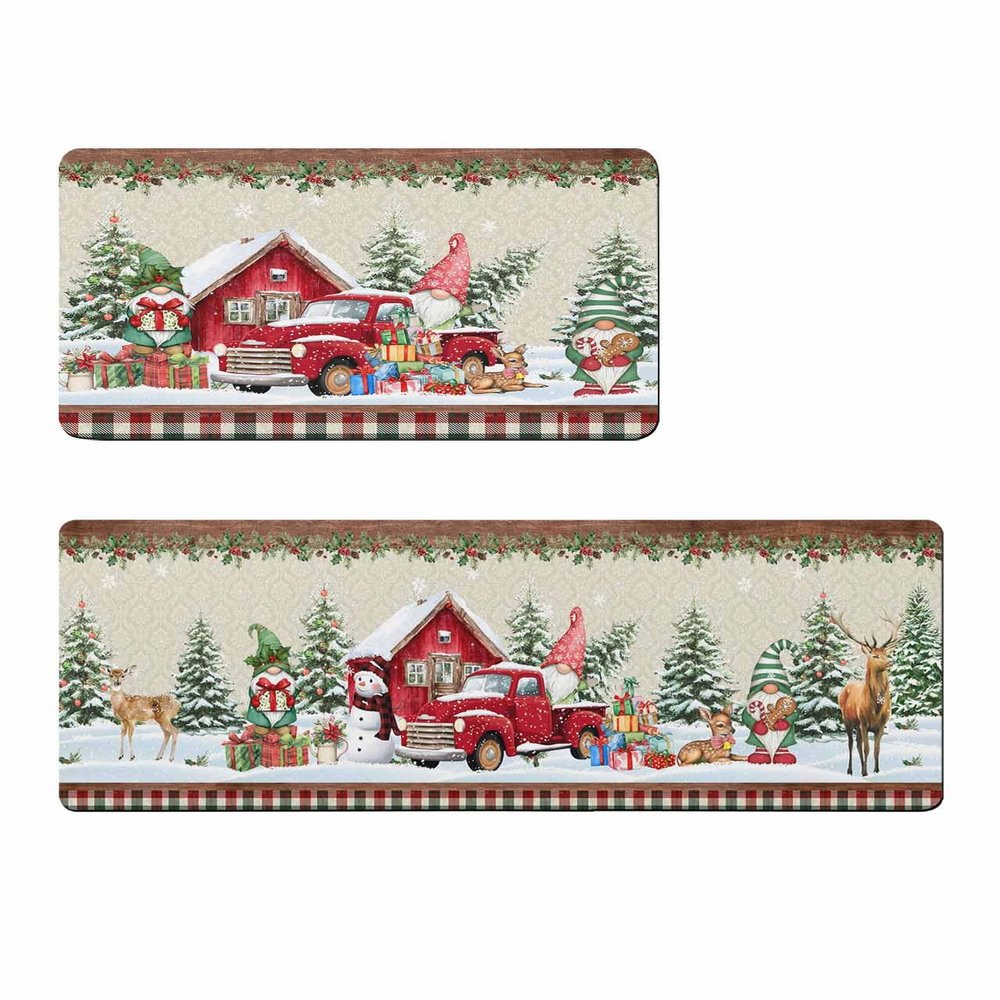 Farmhouse Snowman Bath Mat for Tub,Non Slip Bathroom Floor Runner Rug Quick Dry & Absorbent Diatomaceous Earth Shower Sink Bedroom Kitchen Washable Doormat,Christmas Red Truck Gnomes Plaid 20x32+20x63