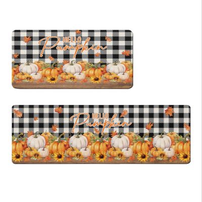 Thanksgiving Pumpkin Bath Mat for Tub,Non Slip Bathroom Floor Runner Rug Quick Dry & Absorbent Diatomaceous Earth Shower Sink Bedroom Kitchen Washable Doormat,Buffalo Plaid Black Sunflower 18x30+18x48
