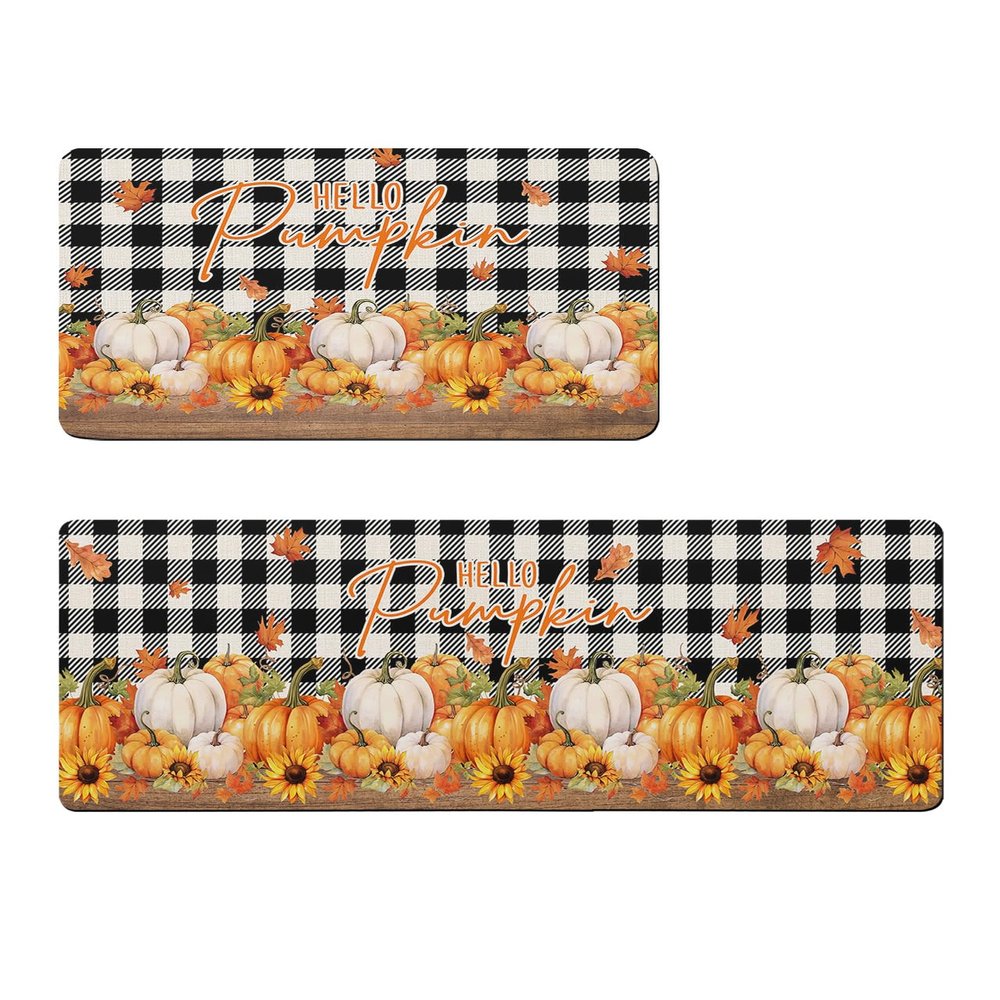 Thanksgiving Pumpkin Bath Mat for Tub,Non Slip Bathroom Floor Runner Rug Quick Dry & Absorbent Diatomaceous Earth Shower Sink Bedroom Kitchen Washable Doormat,Buffalo Plaid Black Sunflower 18x30+18x48