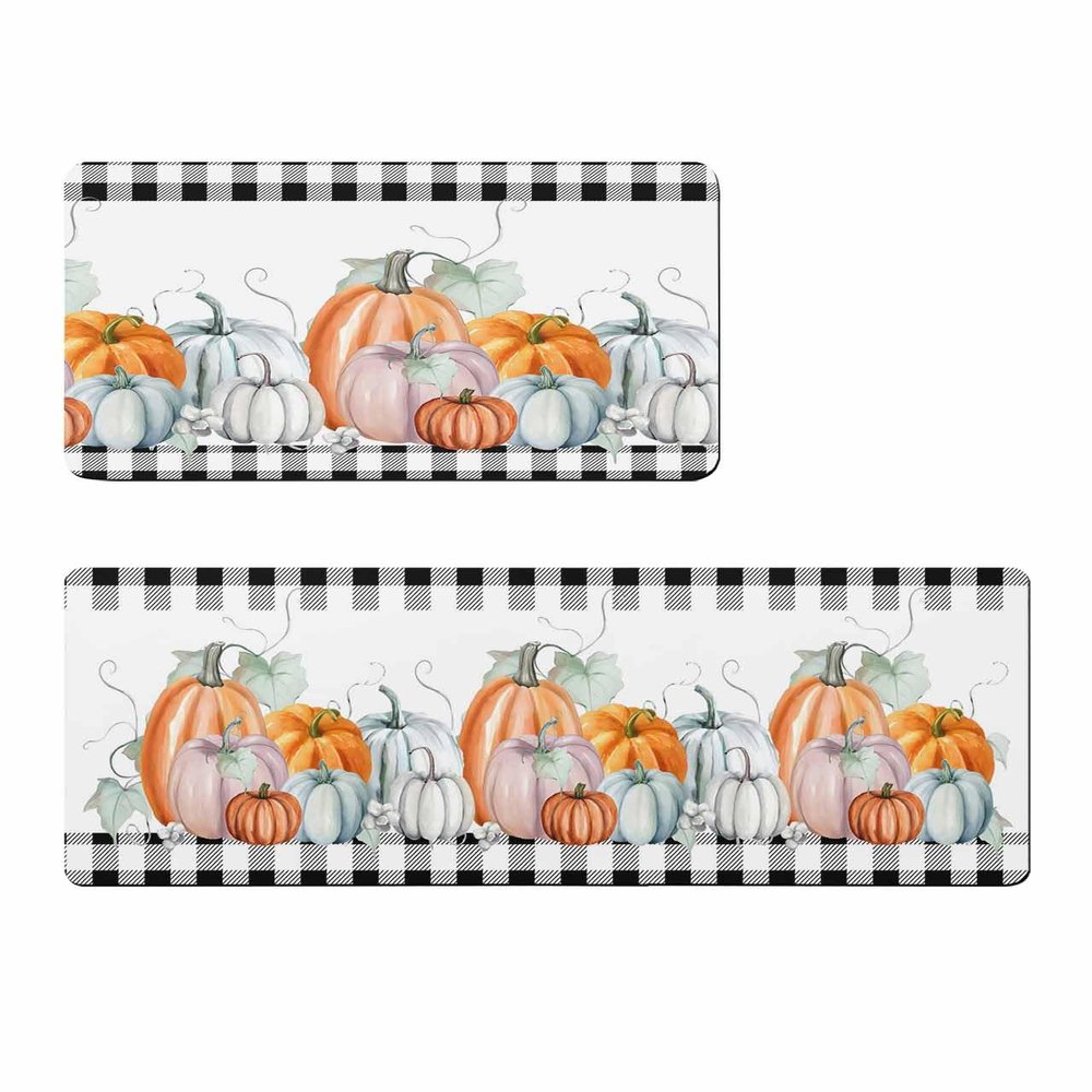 Thanksgiving Pumpkin Bath Mat for Tub,Non Slip Bathroom Floor Runner Rug Quick Dry & Absorbent Diatomaceous Earth Shower Sink Kitchen Washable Doormat,Fall Eucalyptus Buffalo Plaid Check 24x36+24x71