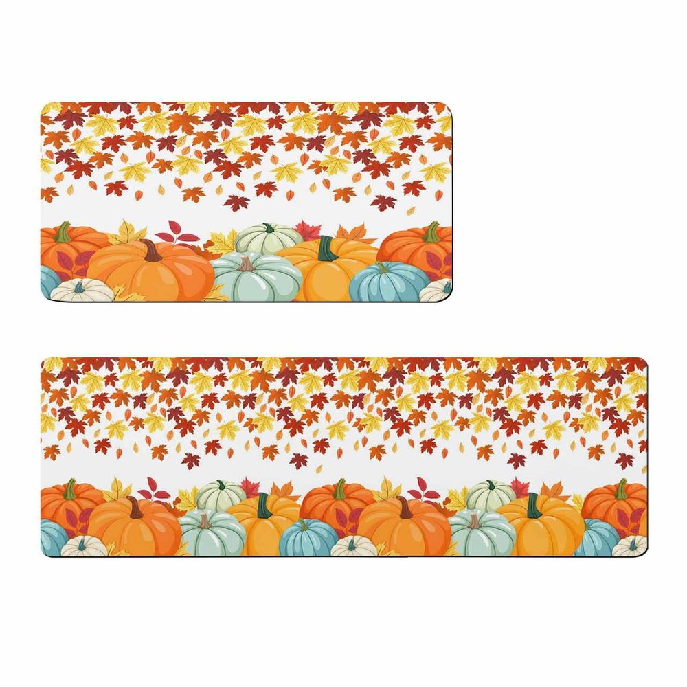 Orange Thanksgiving Bath Mat for Tub,Non Slip Bathroom Floor Runner Rug Quick Dry & Absorbent Diatomaceous Earth Shower Sink Kitchen Washable Doormat,Fall Pumpkins Autumn Maple leaves 16x24+16x47