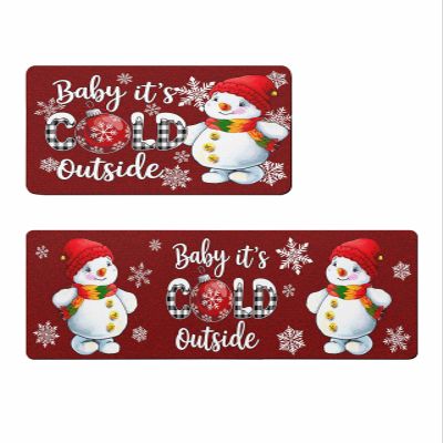 Red Snowman Bath Mat for Tub,Non Slip Bathroom Floor Runner Rug Quick Dry & Absorbent Diatomaceous Earth Shower Sink Bedroom Kitchen Washable Doormat,Merry Christmas Winter Snowflake 18x30+18x60