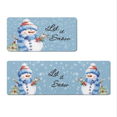 Christmas Bath Mat for Tub,Non Slip Bathroom Floor Runner Rug Quick Dry & Absorbent Diatomaceous Earth Shower Sink Bedroom Kitchen Washable Doormat,Winter Snowflake Snowman Blue Watercolor 16x24+16x47