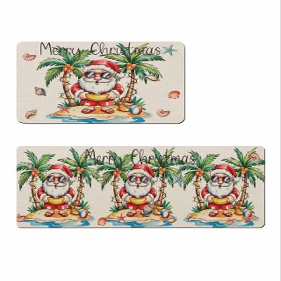 Christmas Santa Bath Mat for Tub,Non Slip Bathroom Floor Runner Rug Quick Dry & Absorbent Diatomaceous Earth Shower Sink Bedroom Kitchen Washable Doormat,Summer Tropical Beach Palm Tree 18x30+18x60